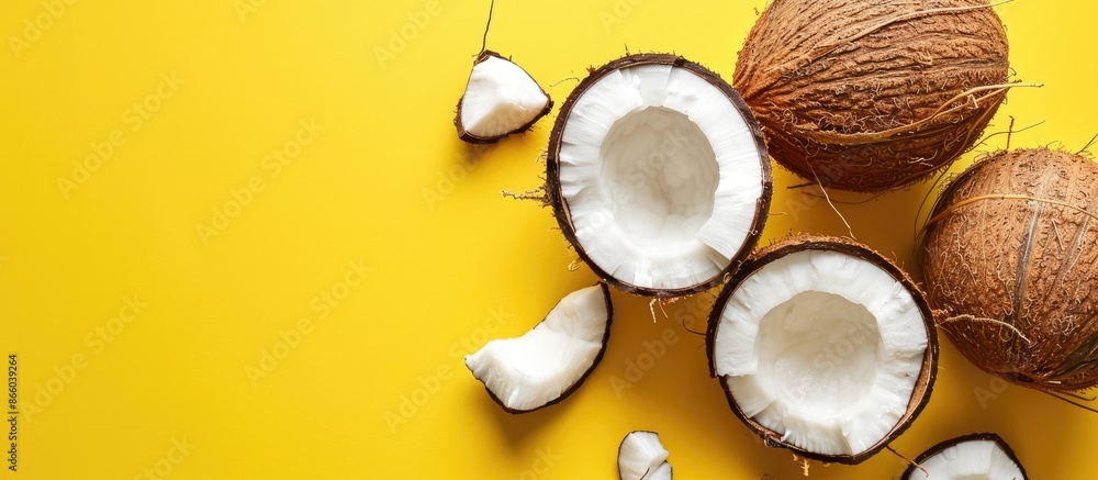 Aufkleber Top view of a pop art design with ripe coconuts on a yellow background, featuring a banner style with a minimal flat lay approach and copy space image.