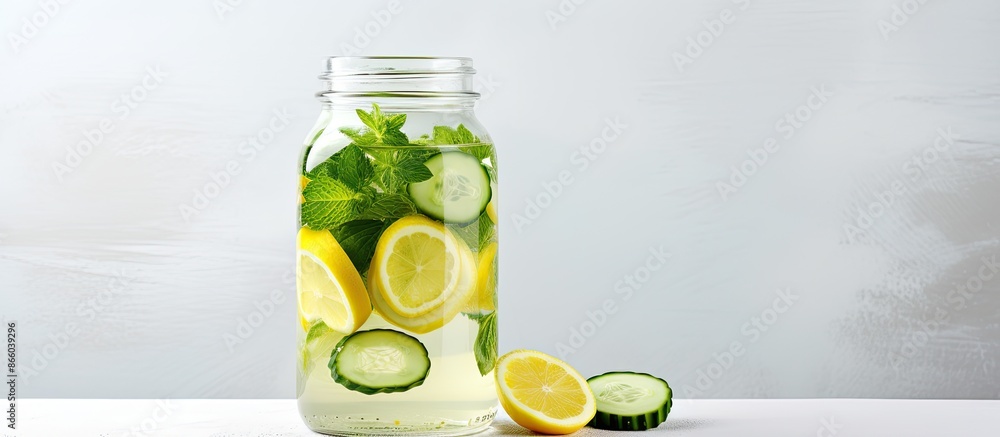 Leinwandbilder fresh and healthy drink concept with lemon cucumber mint infusion in a glass jar on a light backgrou