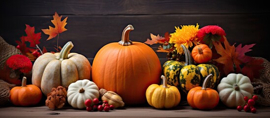 Get ready for the holidays with a vibrant Thanksgiving greeting card featuring pumpkins, fall leaves, and a festive message to share with loved ones, family, friends, and coworkers in a copy space