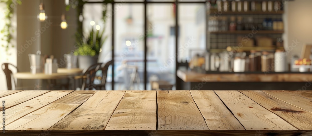 Aufkleber wooden table with empty surface and a blurred coffee shop background, with a clean, bright foregroun