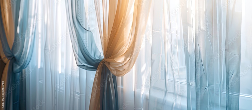 Poster curtains and tulle in a modern interior. various decorative fabric materials for the home. modern vi