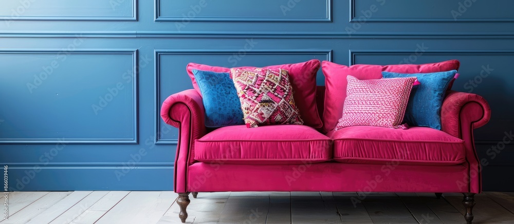 Poster pink sofa with vibrant cushions on a clean background, ideal as a copy space image.