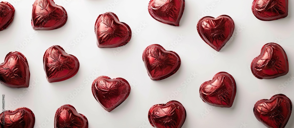 Aufkleber heart-shaped chocolate sweets in red foil on a white background with copy space image.