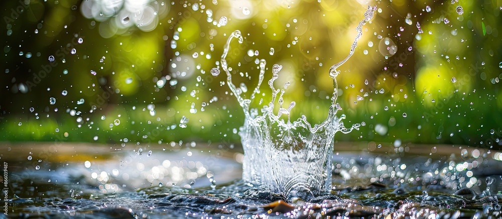 Poster Water splashing in a park setting with ample copy space image.