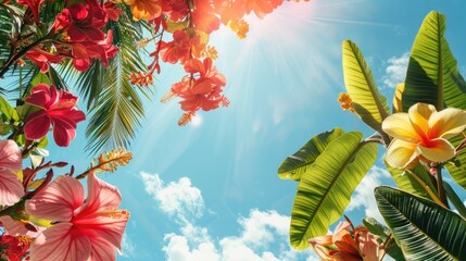 Naklejka premium Tropical flower decoration under blue sky