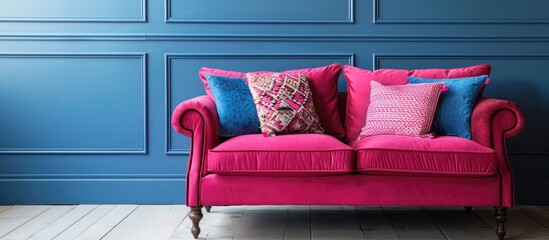 Pink sofa with vibrant cushions on a clean background, ideal as a copy space image.