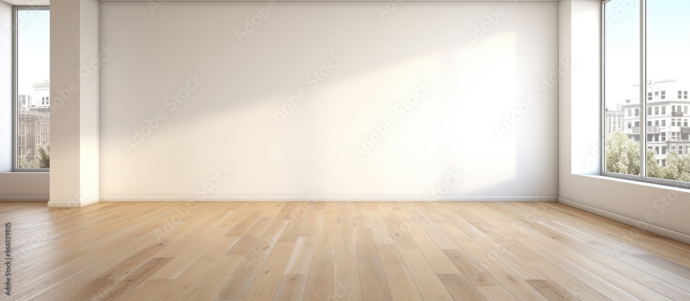 Poster modern apartment with white walls features a roomy, vacant area boasting a parquet floor and a glass