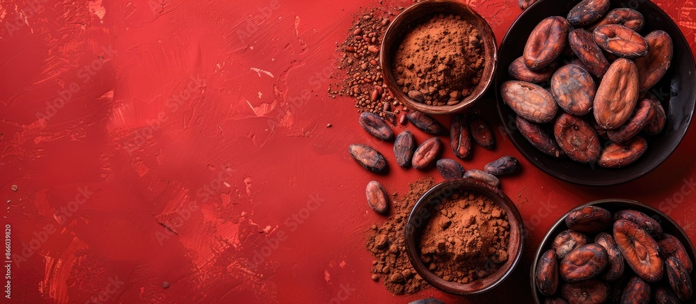 Aufkleber Red background with copy space image featuring organic cacao beans, cocoa powder, and chocolate, suitable for text placement. Top view, flat lay of vegan food ingredients for use in backgrounds,