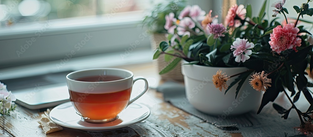 Poster Office table with a cup of tea as the focal point in the copy space image.