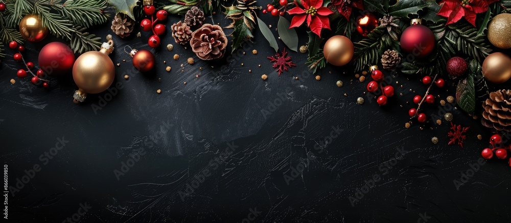 Poster Festive Christmas decorations arranged on a dark black table with empty space, creating a backdrop perfect for the New Year celebration. with copy space image. Place for adding text or design