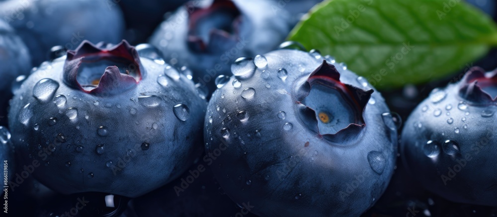 Poster macro image of water droplets on a ripe blueberry against a fresh blueberries backdrop, ideal for te