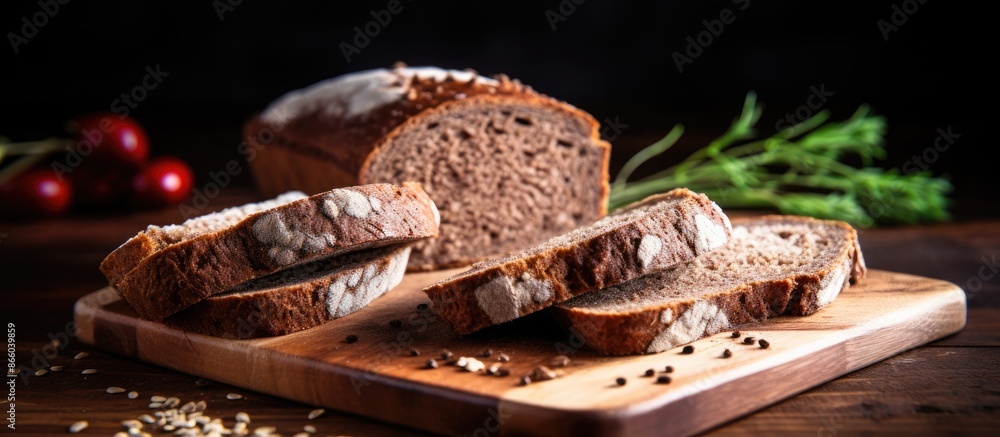 Aufkleber close-up of sliced homemade rye bread on a cutting board with copy space image.