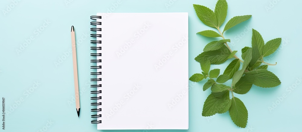 Poster Mock-up image of an empty notebook featuring a blue handle, mint leaves, set against a soft blue pastel background with space for text or design. with copy space image