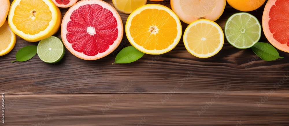 Poster citrus fruits sliced on a wooden surface, creating an appealing display with copy space image.