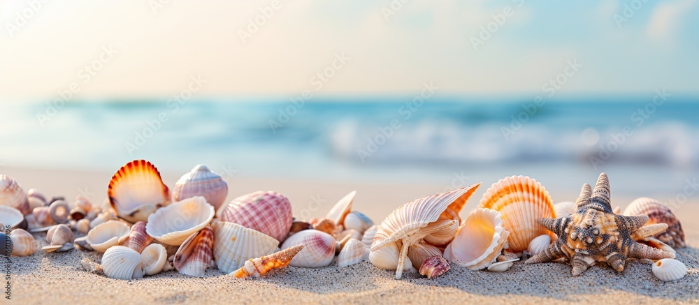Fototapete Various shells scattered on the beach sand with a view of the ocean in the background, creating an exquisite composition for a copy space image.