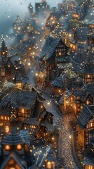 Obraz premium 20 Whimsical village with cobblestone streets and fairy lights bird's-eye view dusk