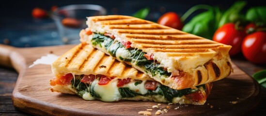 Delicious panini breakfast or snack with grilled ham, tomato, cheese, and spinach. Ample copy space for the image.