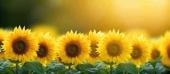 Fototapeta premium Sunflower field creating border against green backdrop, offering copy space image.