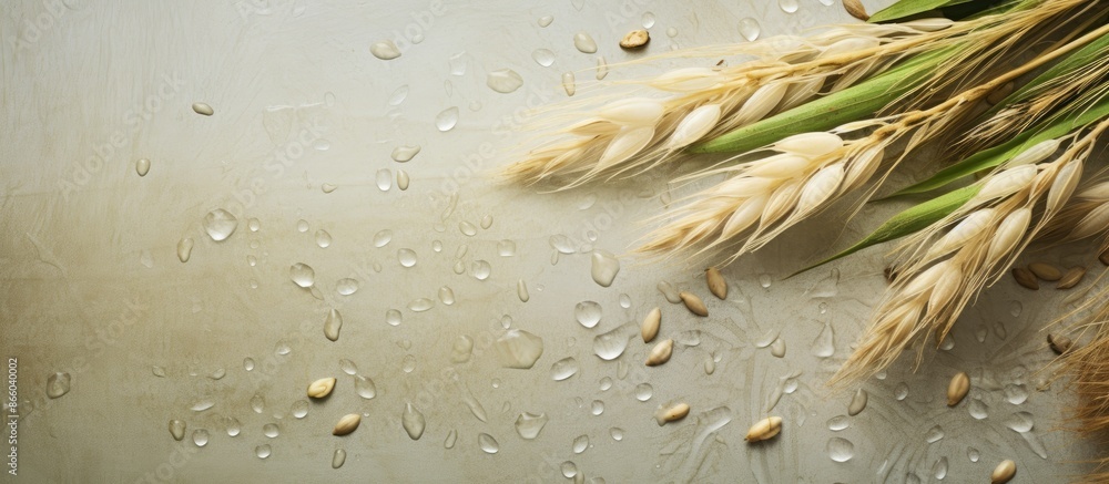 Leinwandbilder rice seed with water droplets on a textured background with copy space image.