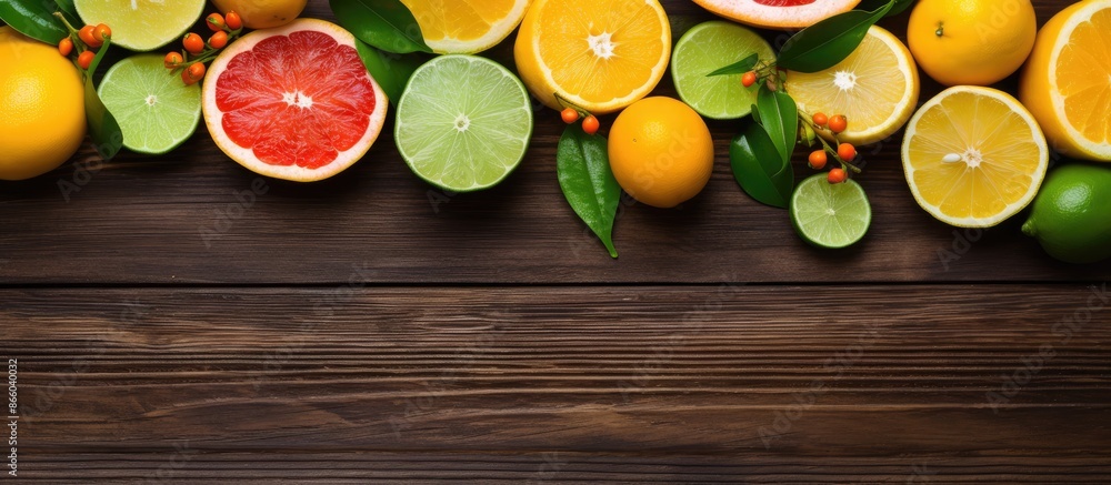 Poster assorted fresh citrus fruits displayed on a wooden background with copy space image.
