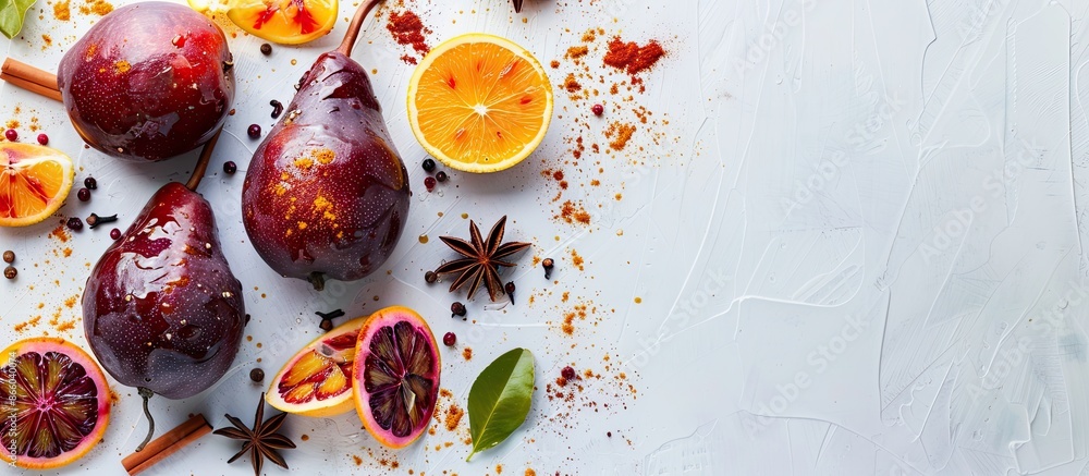 Poster Red wine-poached pears with orange slices and spices arranged on a white table in a top view composition, leaving room for text with a copy space image.