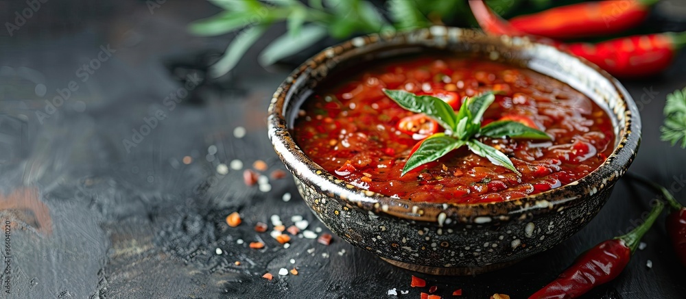 Poster selective focus on traditional chili sauce in a ceramic on a dark background with ample copy space i