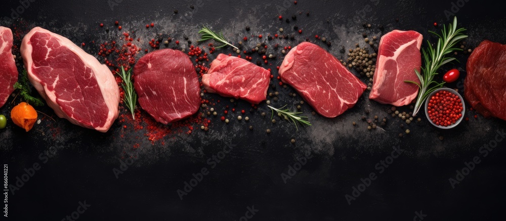 Leinwandbilder assorted seasoned raw meat on a dark backdrop in a top-down view with room for a copy space image.