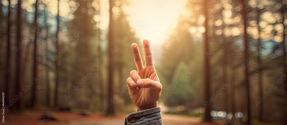 Poster Hand displaying peace sign with copy space image.