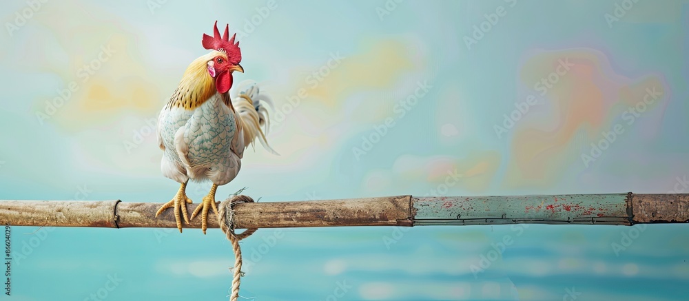Aufkleber Bantam standing on a wooden rail And there is a tether rope on the feet. Beautiful color chicken pastel background. with copy space image. Place for adding text or design
