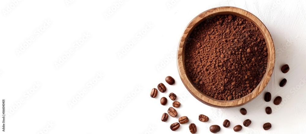 Poster ground coffee and beans coffee in bowl isolated on white background. copy space image. place for add