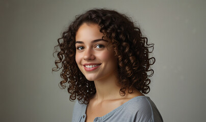 A young woman with curly hair, Background Plain white background