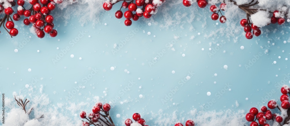 Poster winter-themed composition featuring a frame created with snowflakes and red berries on a soft blue b