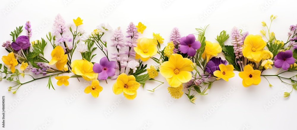 Poster an arrangement of yellow and purple flowers on a clean white backdrop, symbolizing spring and easter