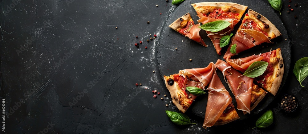 Aufkleber Top view of prosciutto and spice adorned pizza slices on a black backdrop with ample space for additional text or images.