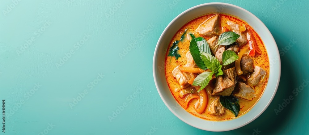 Aufkleber Blue background displays a white bowl of Panaeng Curry with pork, creating a vibrant copy space image.