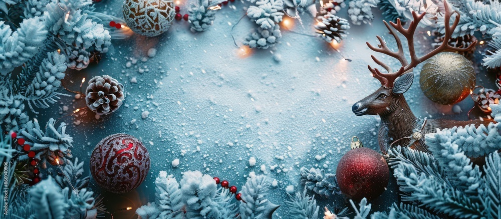 Poster A festive scene with reindeer surrounded by snow and ornaments, against a backdrop featuring a copy space image.