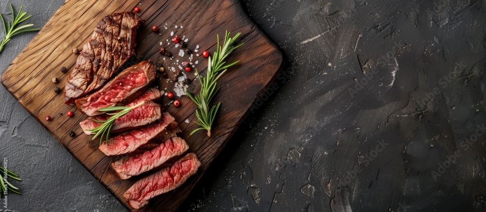 Poster sliced medium rare roast beef steak with rosemary and spices as top view on a modern design cutting 