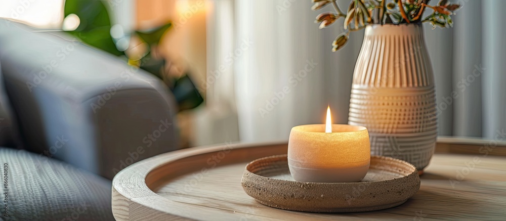 Poster beautiful decorative holder with burning candle indoors. with copy space image. place for adding tex