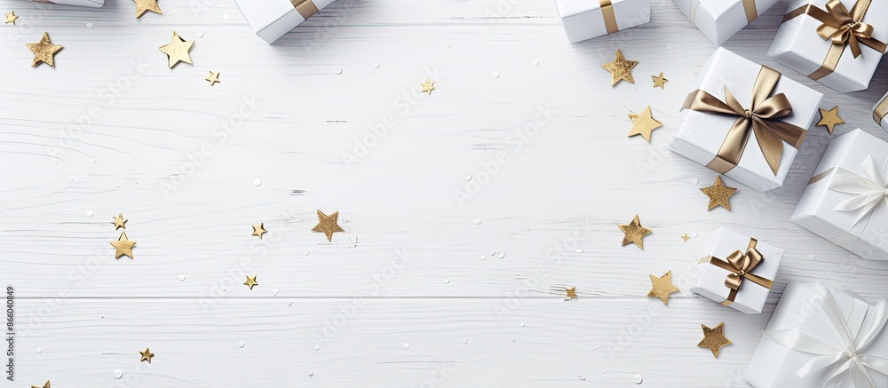Poster white wooden background with gift boxes and ample space for writing your message, including a large 