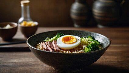 A bowl of ramen with sliced ​​meat, half-boiled egg and green vegetables.