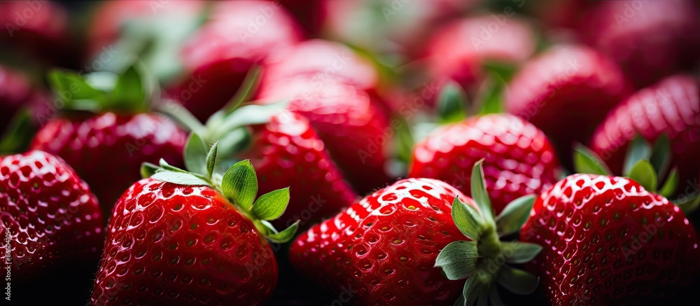 Poster A bunch of vibrant red strawberries with selective focus and a shallow depth of field, creating a toned copy space image.
