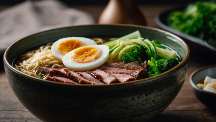 A bowl of ramen with sliced ​​meat, half-boiled egg and green vegetables.