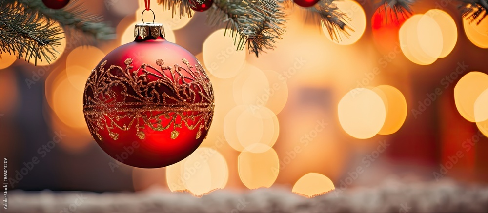 Poster Close-up of a red Christmas ornament on a green tree branch with string lights in the background for a winter holidays greeting card and copy space image.