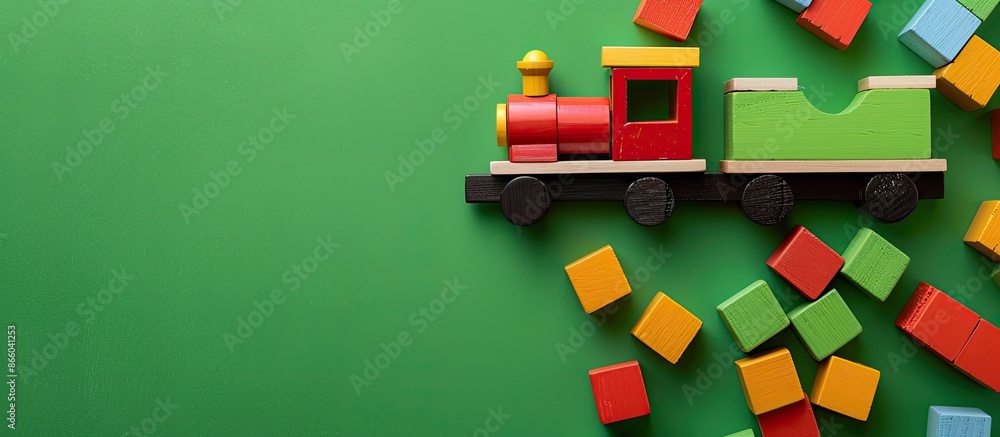 Poster wooden toy train surrounded by bright blocks on a vibrant green backdrop with copy space image.