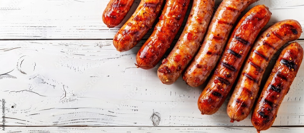 Poster delicious homemade sausages on a white wooden surface seen from above, with room for text in the pic