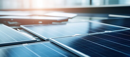 Close-up view of solar panel with papers, and a blurred individual in the background, providing copy space image.