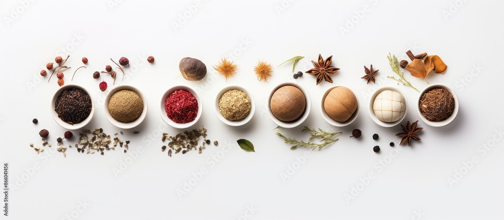 Poster a wellness salon setup with herbal massage balls displayed on a white background from a top view, of