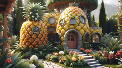 Whimsical pineapple house nestled in lush garden, a sweet escape into fantasy living, perfect for children's books and magical story illustrations