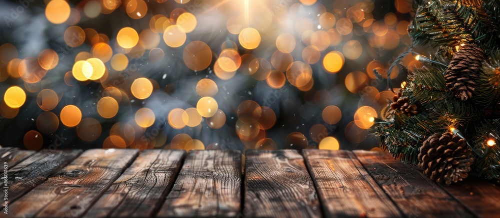 Poster festive christmas background featuring a wooden table against a backdrop of a christmas tree adorned