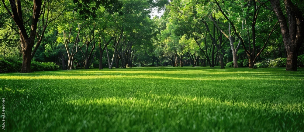 Poster Summer background featuring a well-maintained green park lawn under trees, perfect for inserting text or images. with copy space image. Place for adding text or design